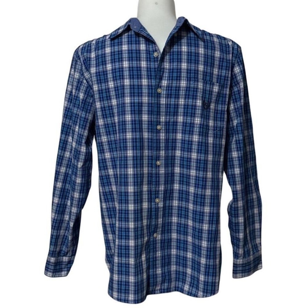 Chaps Mens Plaid Easy Care Button Down Shirt L G Blue White Long Sleeve